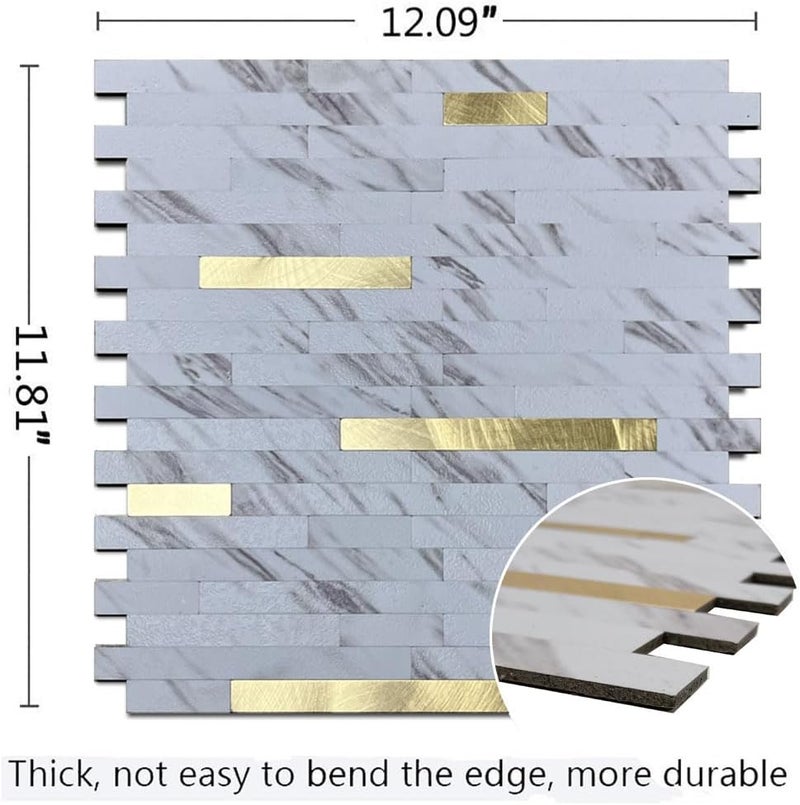 weimeisc 10-Sheet Peel and Stick Backsplash Tile, PVC Mixed Metal Stick on Backsplash Tiles for Kitchen (10, White Stone+Metal Gold) - Image 2